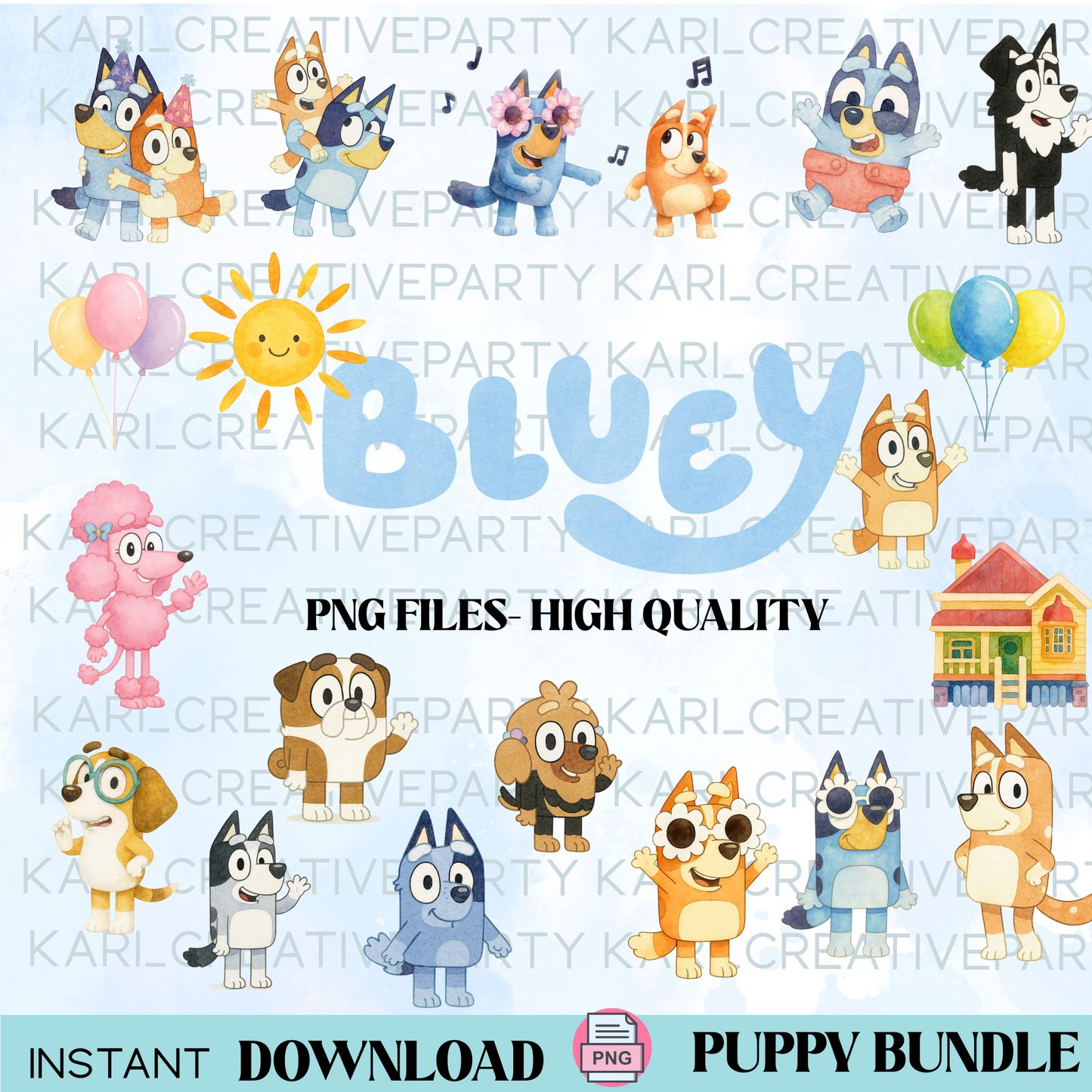 Bluey dog png files/ Bluey dog clipart/ Bluey dog watercolor bundle/Bluey Dog PNG Bundle