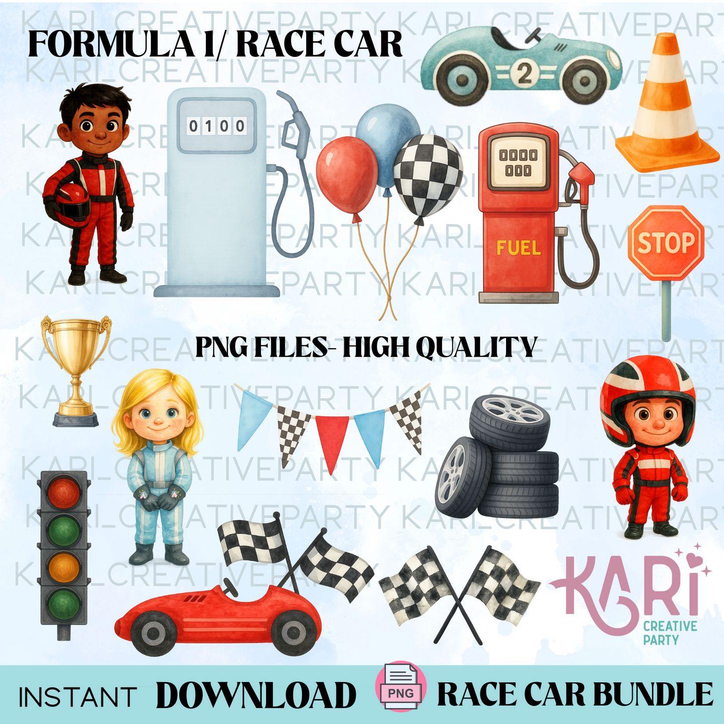 Race Car Watercolor Clipart/ F1 Racing Boys Birthday ClipArt/ two fast lipart | Race Car Bundle PNG| Fast One Birthday | Racing Cars bundle