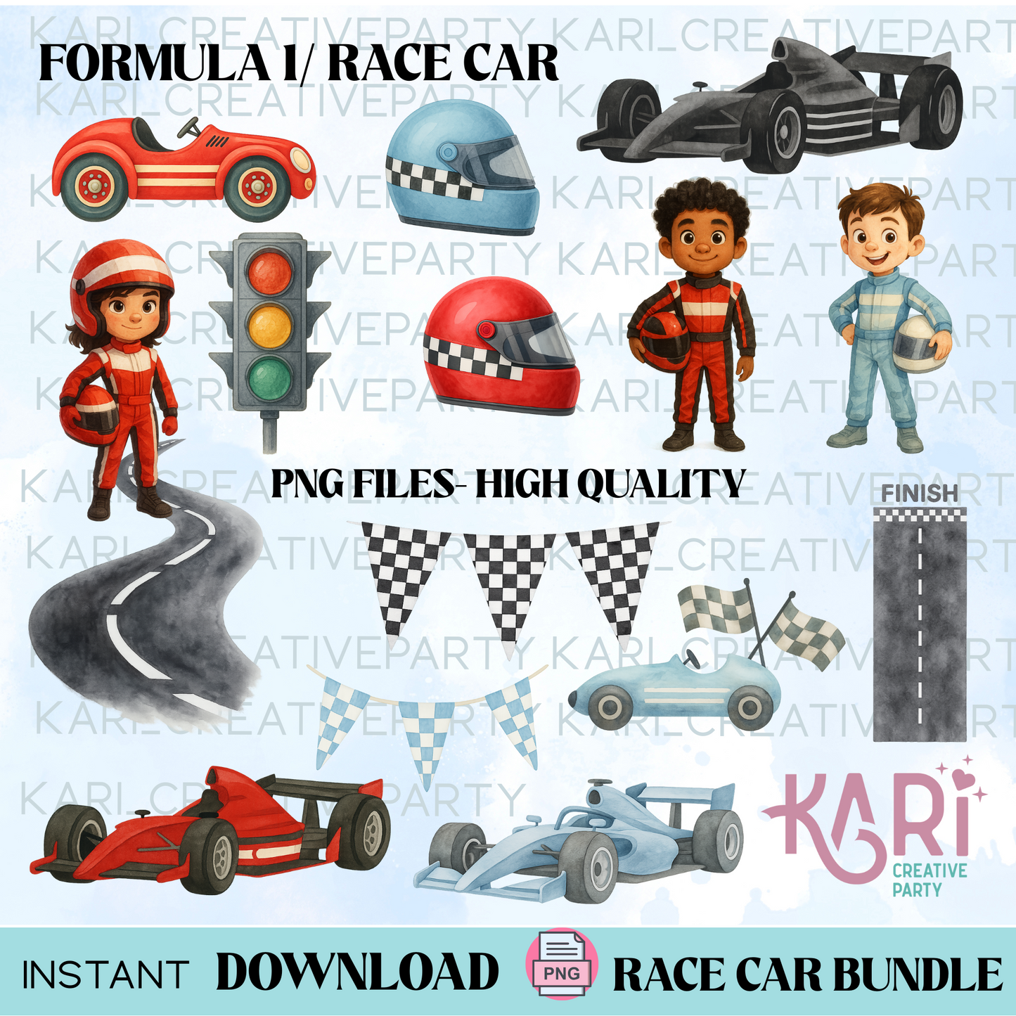 Race Car Watercolor Clipart/ F1 Racing Boys Birthday ClipArt/ two fast lipart | Race Car Bundle PNG| Fast One Birthday | Racing Cars bundle