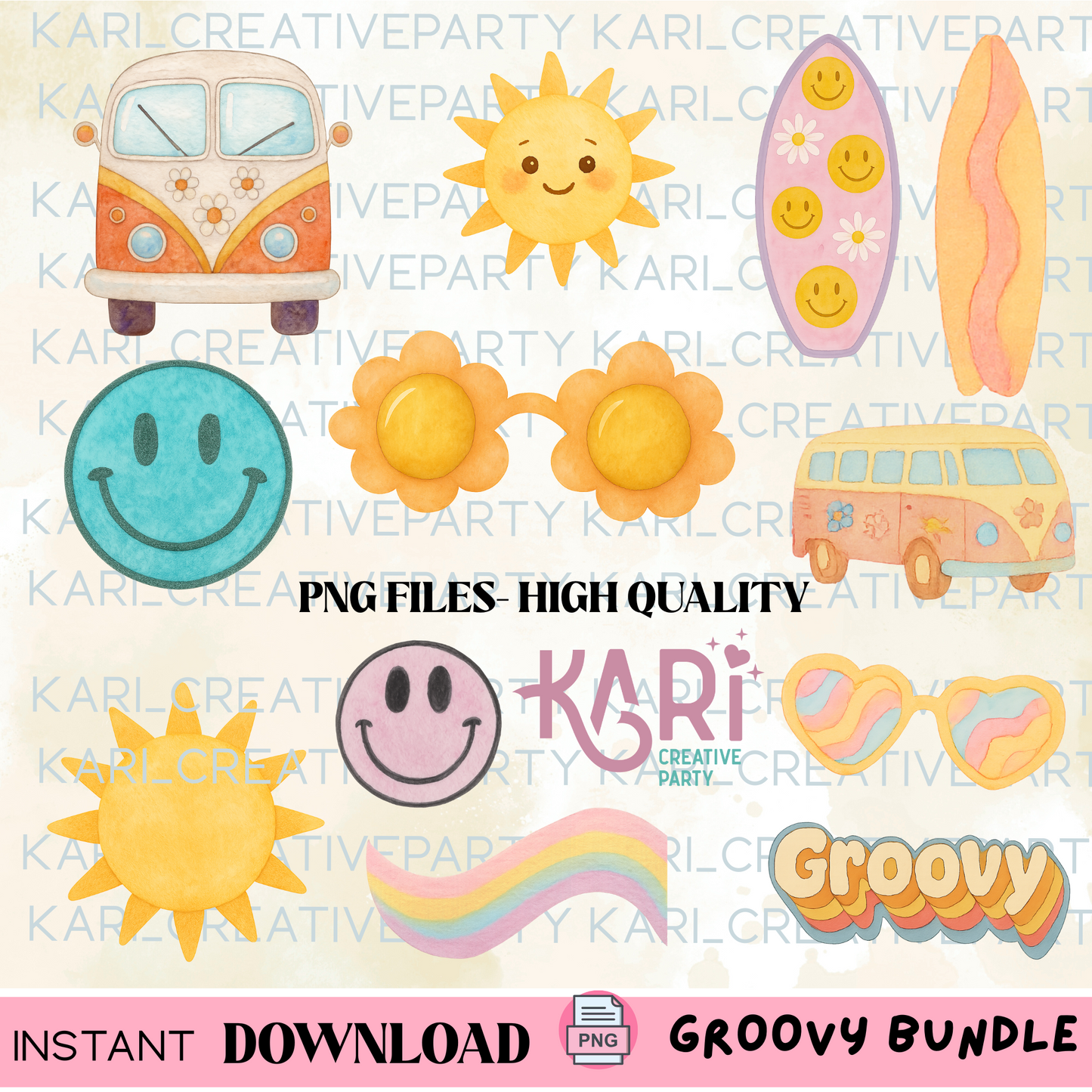 Groovy summer png files/ Groovy clipart/ Groovy watercolor bundle/ Groovy vintage Clipart/ Retro PNG Bundle/ Boho Hippie PNG files