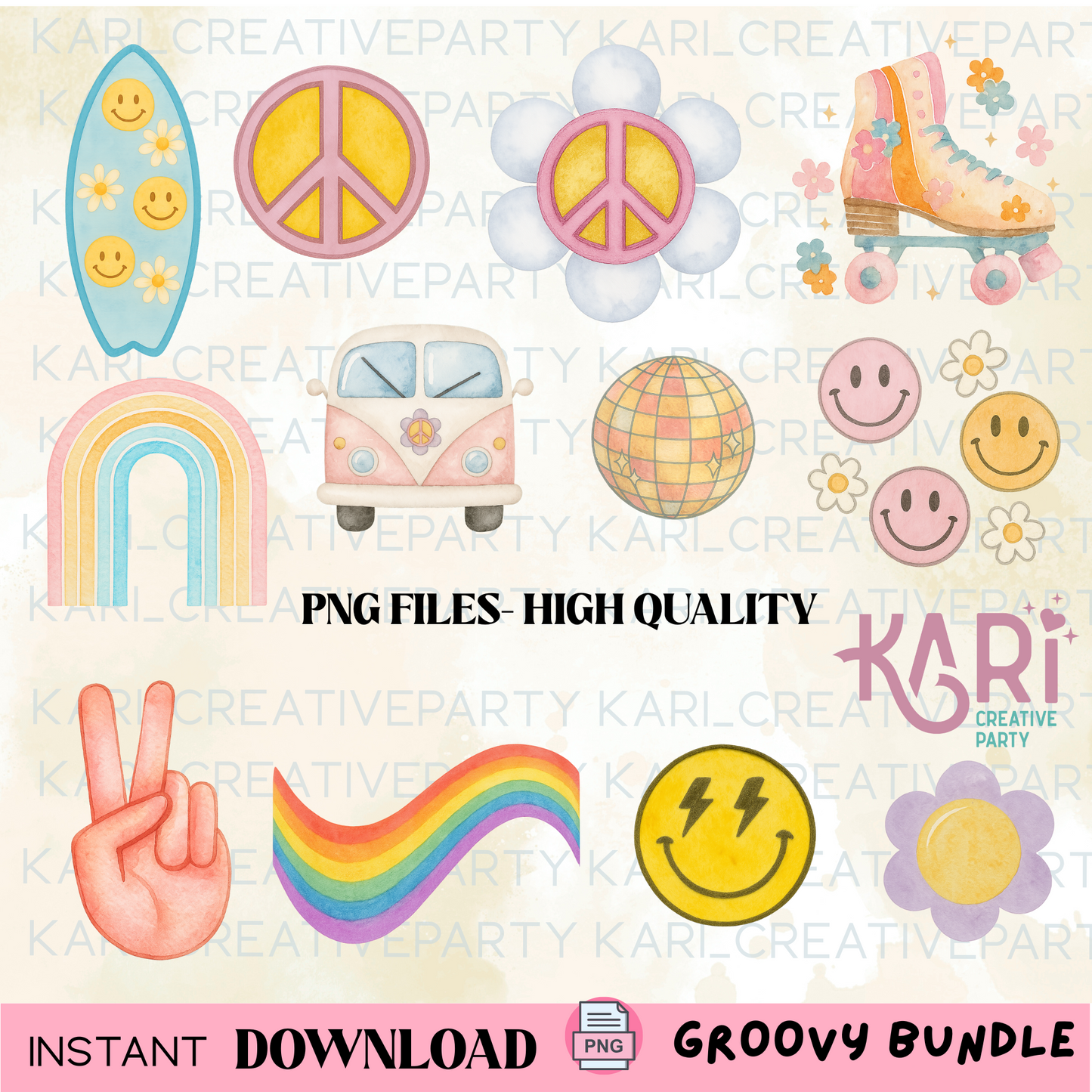 Groovy summer png files/ Groovy clipart/ Groovy watercolor bundle/ Groovy vintage Clipart/ Retro PNG Bundle/ Boho Hippie PNG files