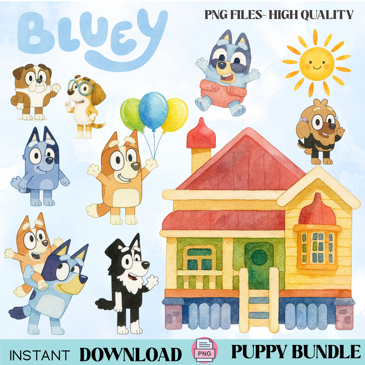 Bluey watercolor clipart/ Bluey png bundle