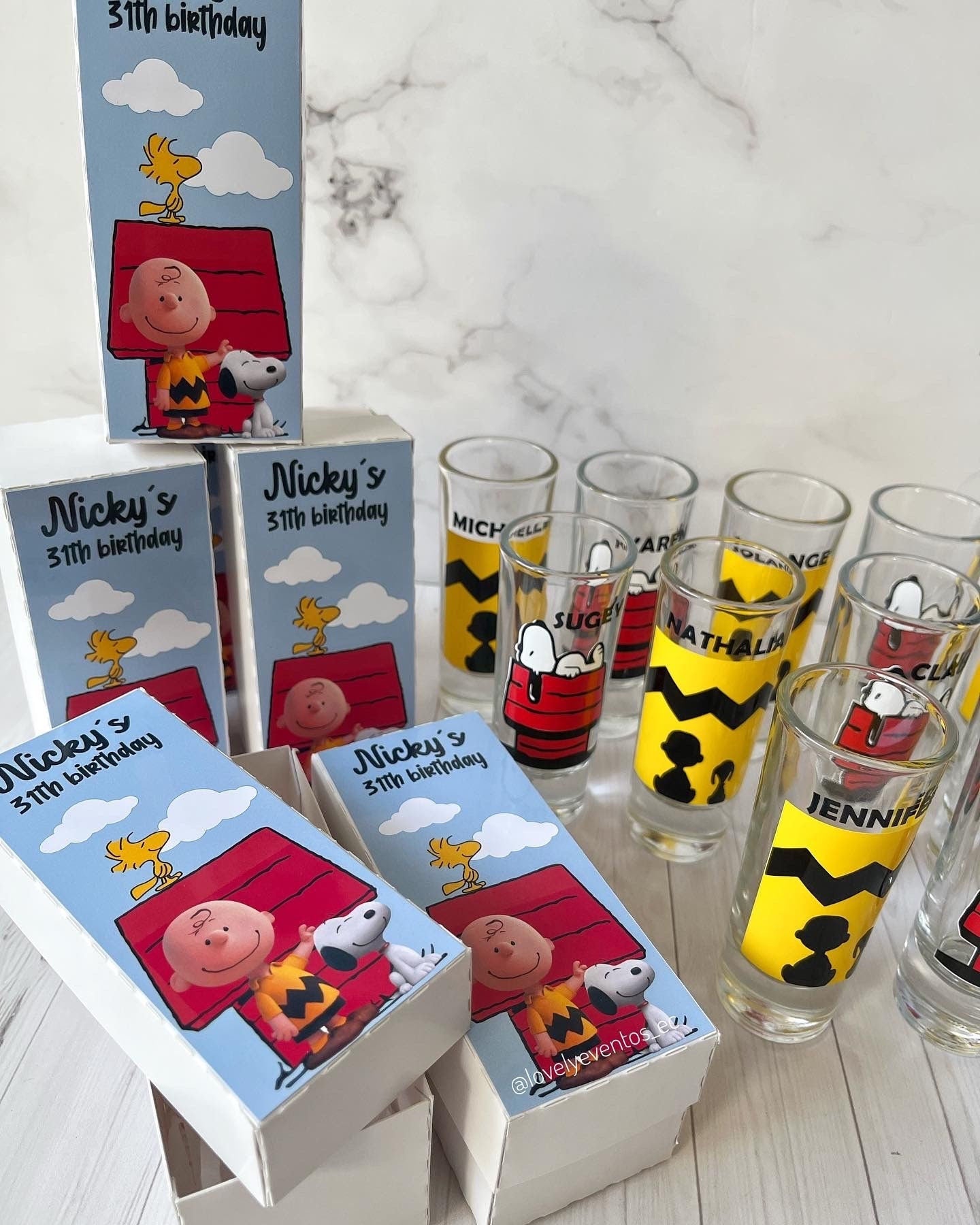 Snoopy Shot Glasses/ personalized glasses/ snoopy party decor/ snoopy birthday party/ birthday shot glasses