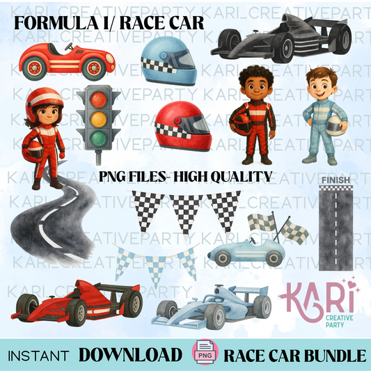 Race Car Watercolor Clipart/ Race Car Bundle PNG| Fast One Birthday | Racing Cars bundle