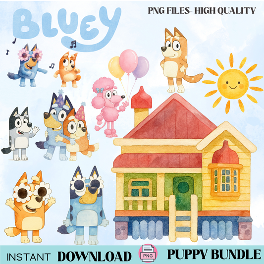 Bluey watercolor clipart/ Bluey png bundle